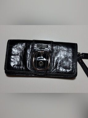 Coach BLEECKER Black Patent Leather Wristlet Wallet with Buckle Accent